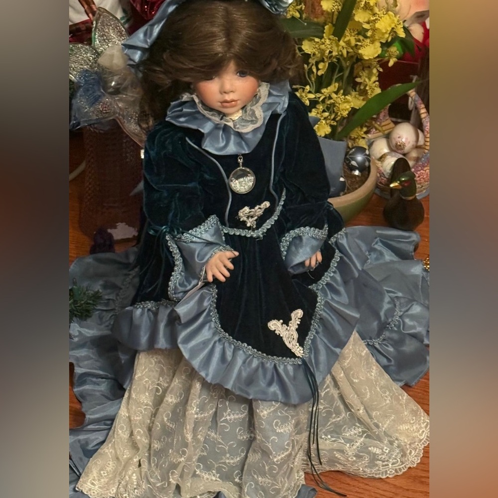 Victorian-Style Porcelain Doll in Navy Velvet & Sky Blue Dress